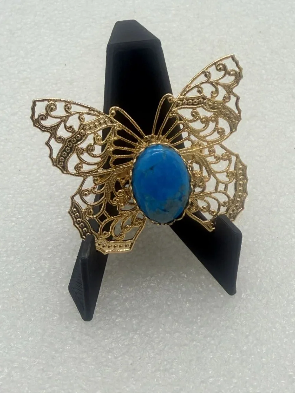 Vintage Gold Tone Filigree Butterfly Brooch Pin with Turquoise Colored Center